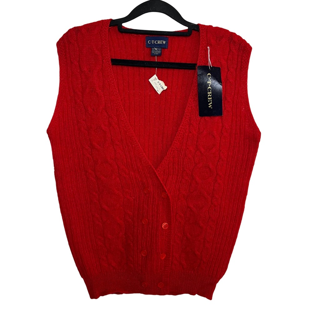 NWT 100% Shetland Wool Red Cable Knit Sweater Vest‎ Sz Large Preppy Academia